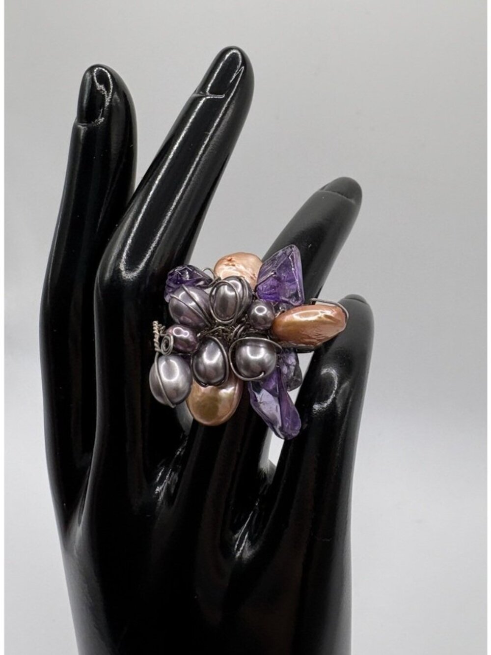 Sterling Silver Baroque Pearl Amethyst Artisan Wire Cluster Ring Adjustable